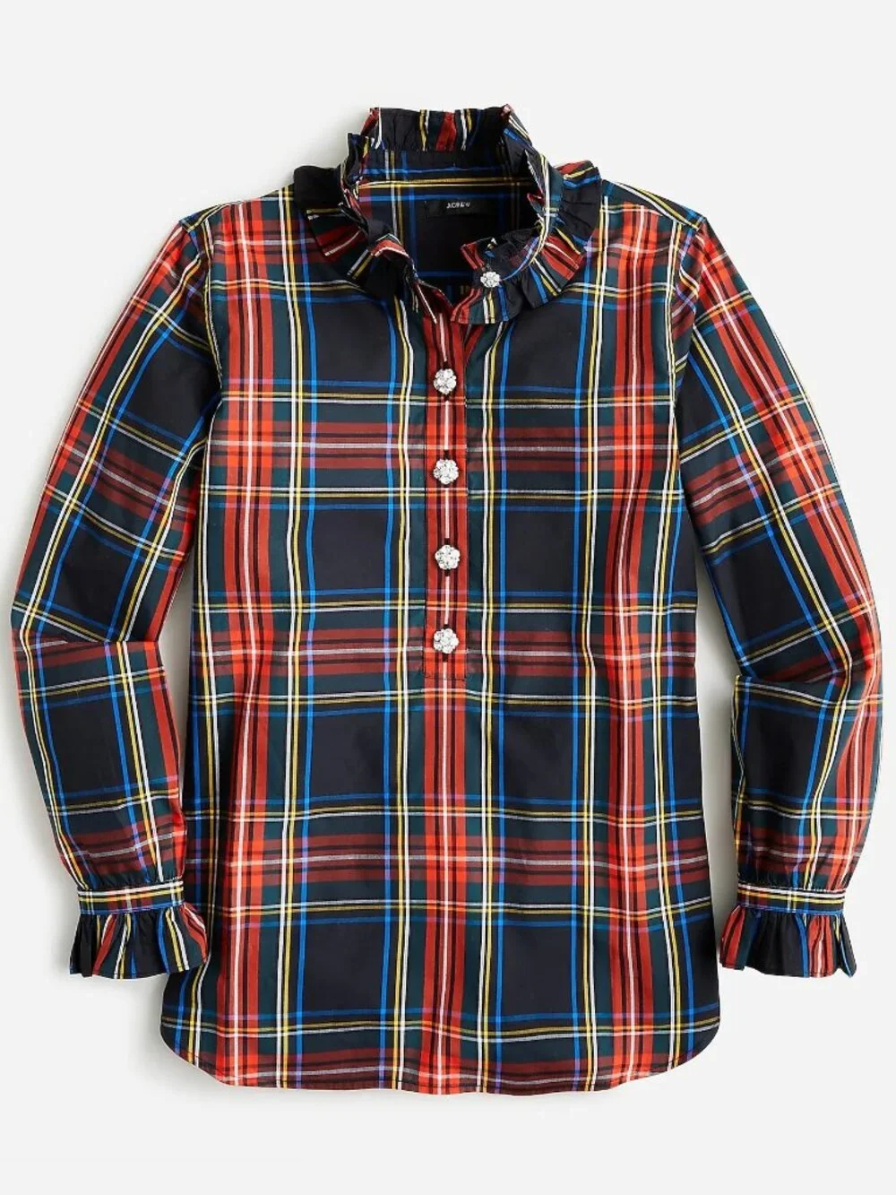 2/$30 J. Crew Classic-fit Ruffleneck Jewel-Button Popover Stewart Tartan #A3151